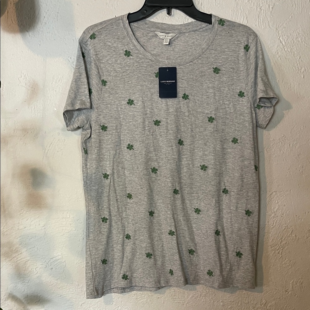 Lucky Brand Gray T-Shirt with Green Clover Pattern